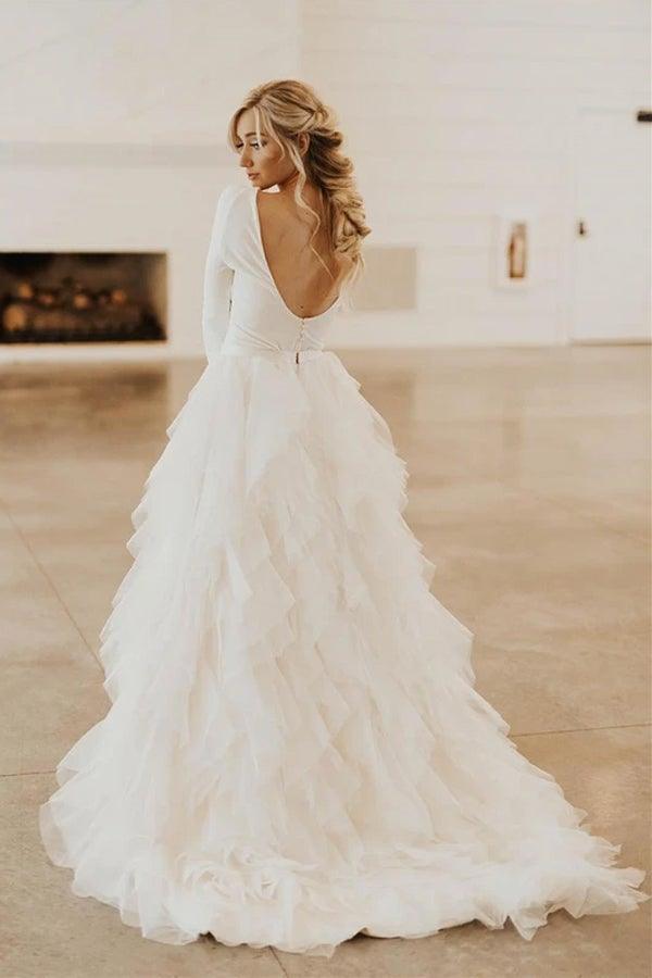 Vestido de novia de tul con escote redondo, cola de corte A y mangas largas