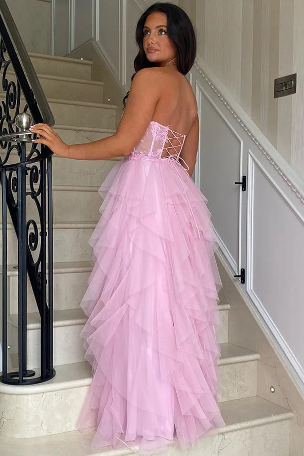 A-Line Ruffles Appliques Corset Pink Long Prom Dress with Slit