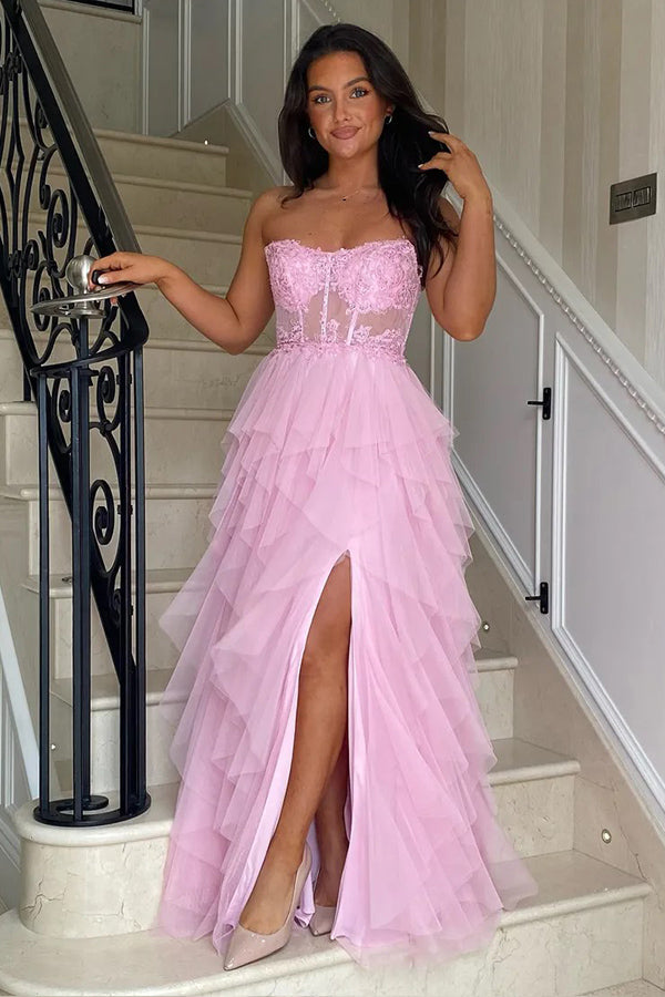 A-Line Ruffles Appliques Corset Pink Long Prom Dress with Slit