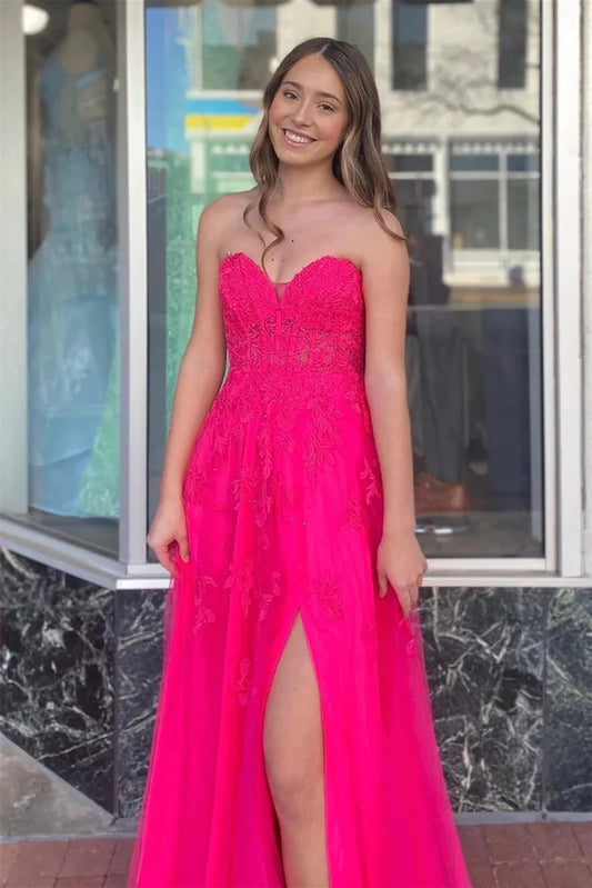 Vestido de fiesta largo de corte A con apliques florales, sin tirantes, en rosa intenso