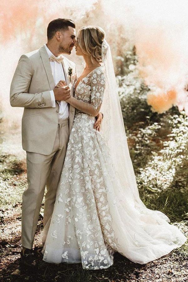 A-line Long Sleeves Wedding Dresses Lace V Neckline Bridal Gowns