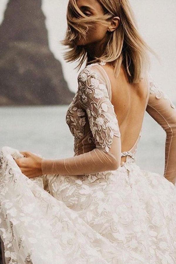 A-line Long Sleeves Wedding Dresses Lace V Neckline Bridal Gowns