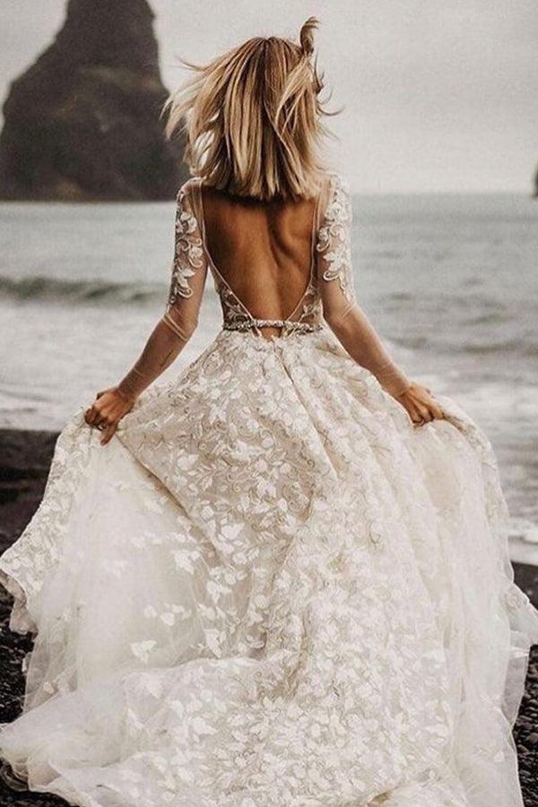 A-line Long Sleeves Wedding Dresses Lace V Neckline Bridal Gowns