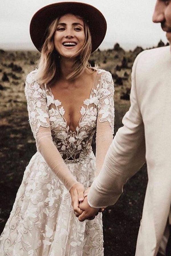 A-line Long Sleeves Wedding Dresses Lace V Neckline Bridal Gowns