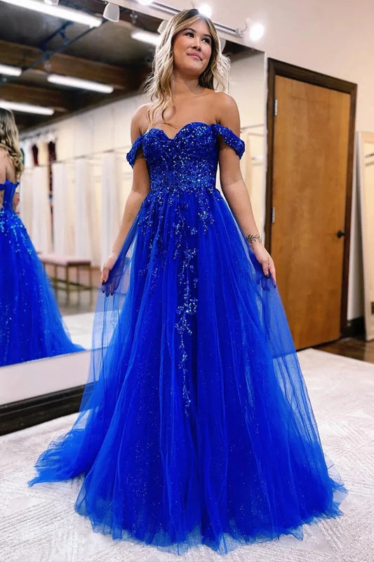 Vestido de fiesta formal con hombros descubiertos y corte A con apliques
