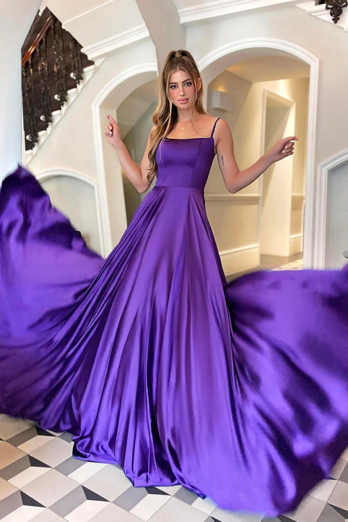 Vestido de fiesta largo de satén con escote redondo y tirantes finos