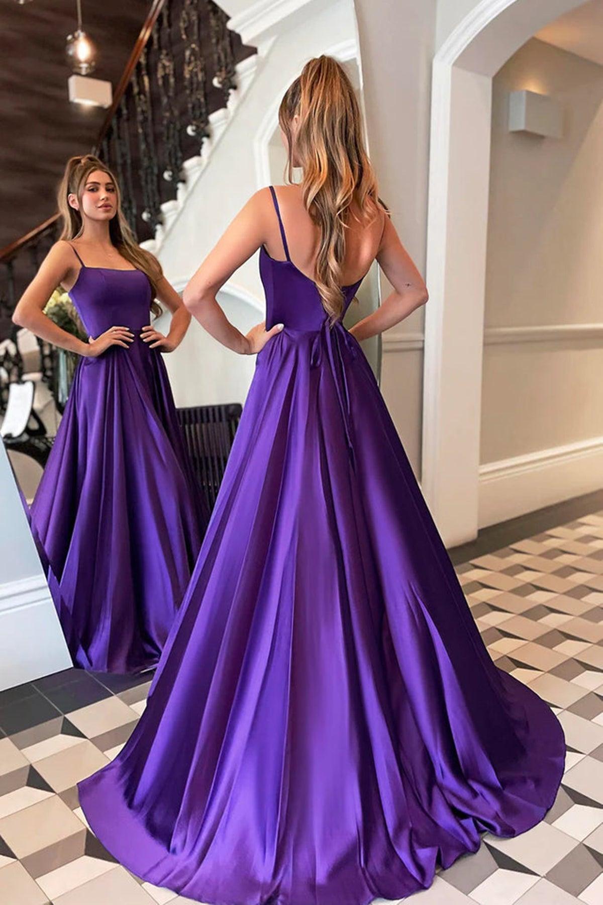 Vestido de fiesta largo de satén con escote redondo y tirantes finos