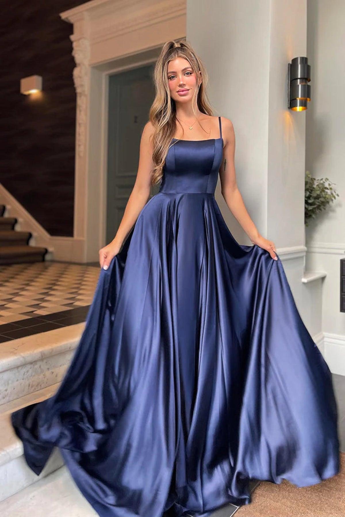 Vestido de fiesta largo de satén con escote redondo y tirantes finos