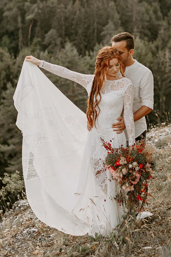 A-line Scoop Neck Backless Long Sleeves Beach Wedding Dresses