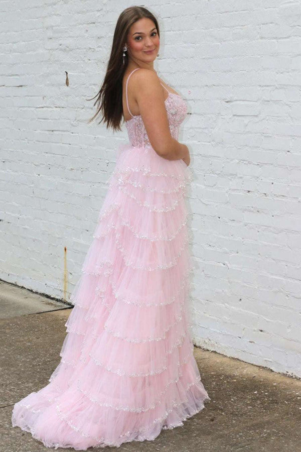 A-line Straps Plunging Neck Pink Sequin Lace Prom Dresses