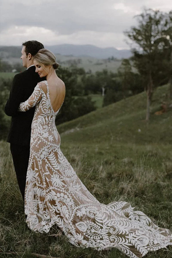 Etuikleid Einzigartiges Spitzenkleid mit langen Ärmeln im Bohemian-Stil