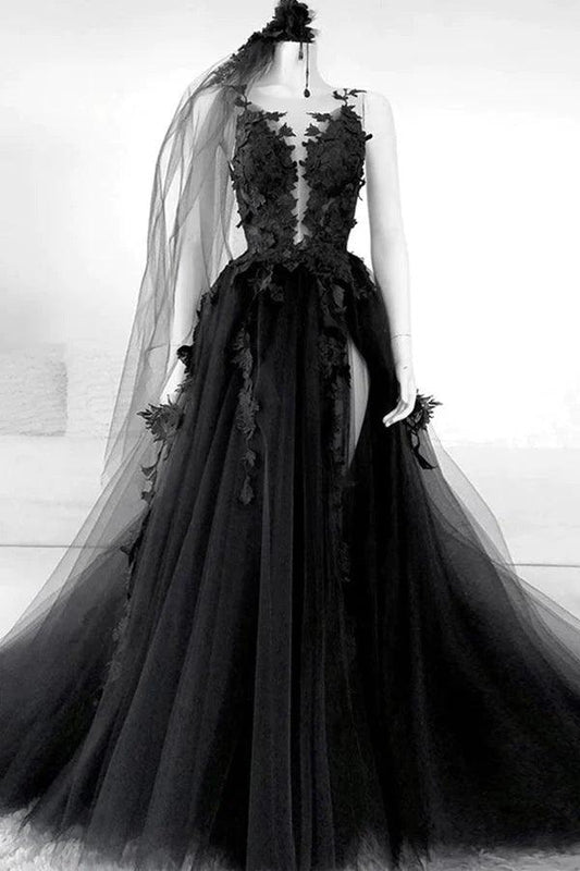 A-line V Neck Black Long Prom Dress Floral Evening Dress