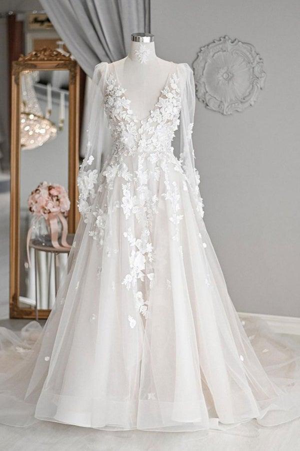 A-line V Neck Long Sleeves Ivory Tulle Wedding Dresses Bridal Gowns