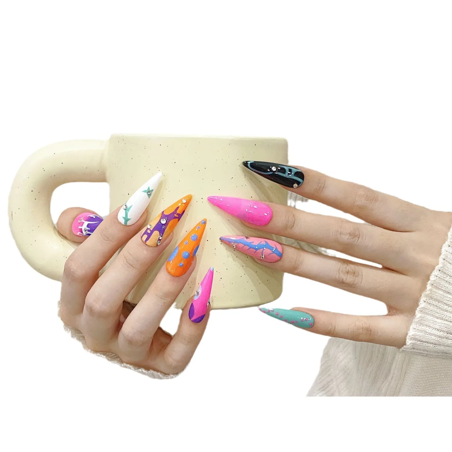 Venta caliente, diseño popular de uñas postizas coloridas con estampado de almendras largas y puntiagudas, uñas postizas tipo ballet.