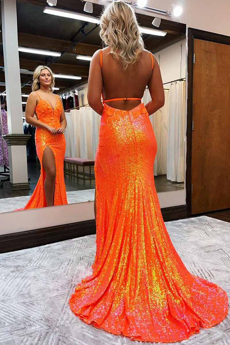 Vestido de fiesta de sirena con escote en V y lentejuelas con abertura