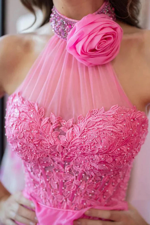 A-Linie Neckholder Perlen Spitze Lange Rosa Ballkleider