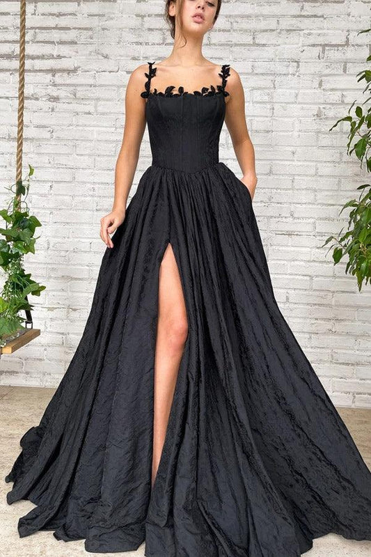 Vestido de fiesta largo negro de tafetán con abertura y bolsillos en línea A