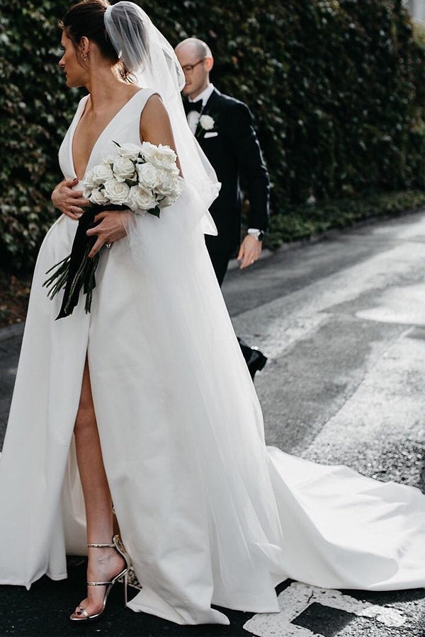 A Line Deep V Neck Open Back White Long Wedding Dresses Bridal Gown