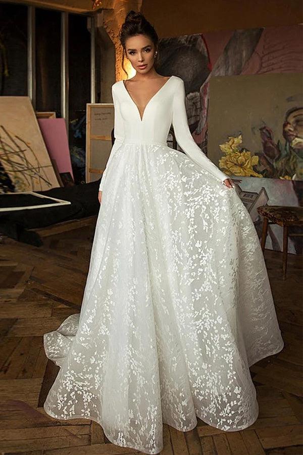 A-Linie Elegantes Lange Ärmel V-Ausschnitt Strandhochzeitskleid Brautkleid
