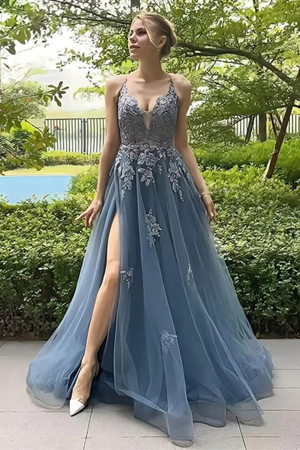 Vestido de fiesta largo con escote en A, tirantes finos, corsé y abertura en la espalda