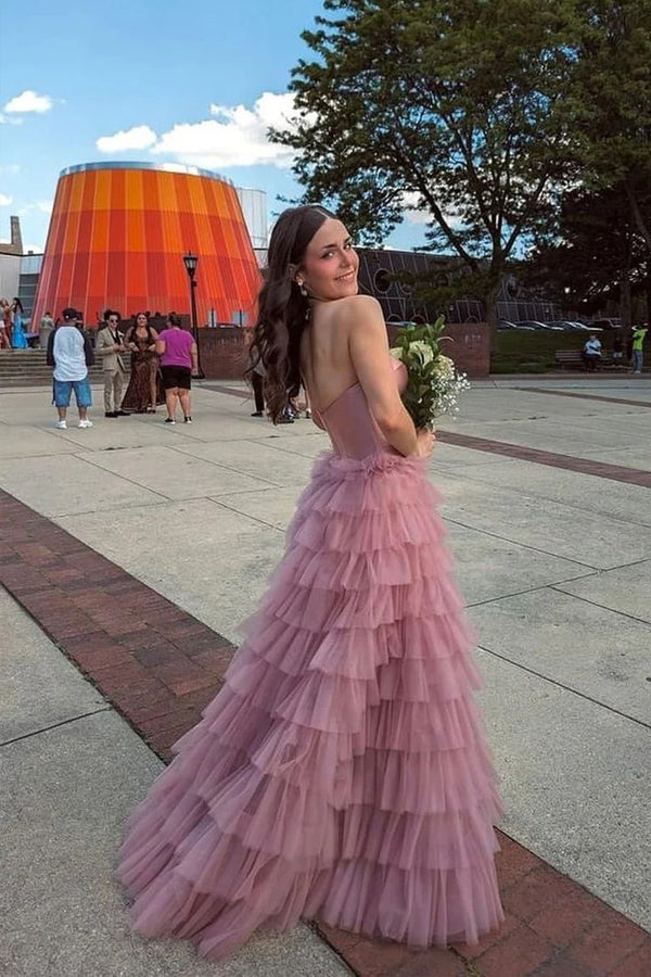 A-Linie Herzausschnitt Lagen Tüll Rosa Langes Ballkleid PSK600