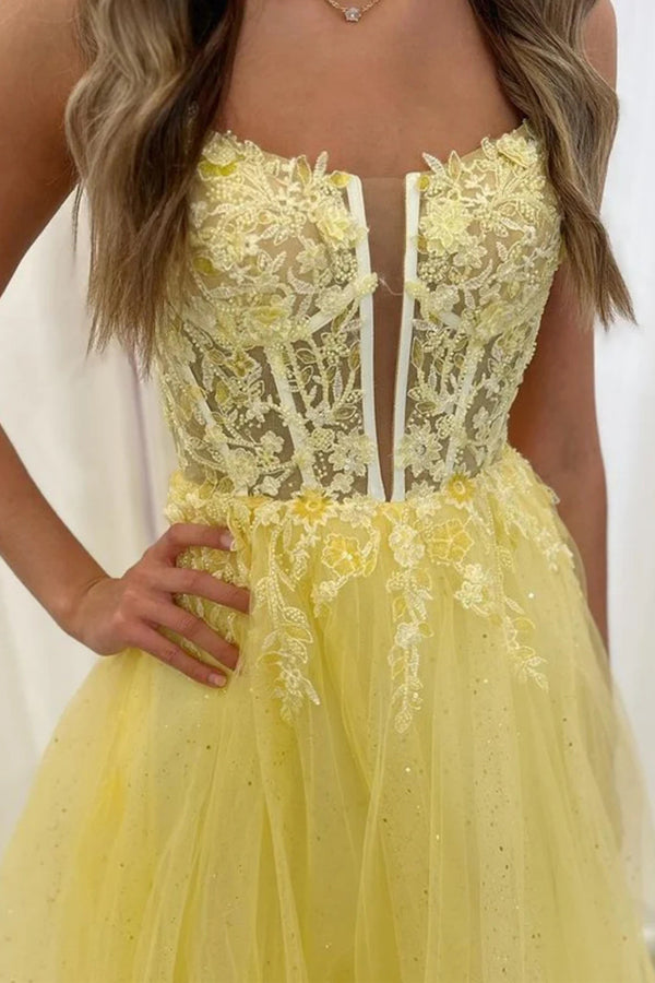 Vestidos de fiesta largos de encaje amarillo con escote en V y espalda descubierta