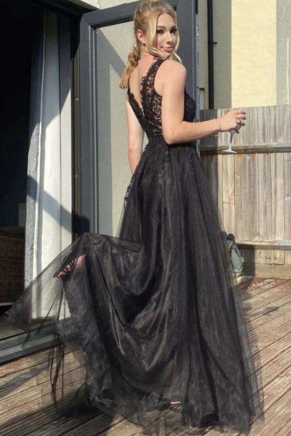 A-Linie V-Ausschnitt Schwarzes Tüll-Ballkleid Schwarzes Abendkleid