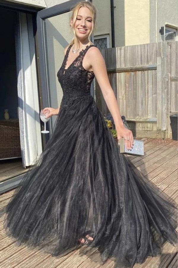 A-Linie V-Ausschnitt Schwarzes Tüll-Ballkleid Schwarzes Abendkleid