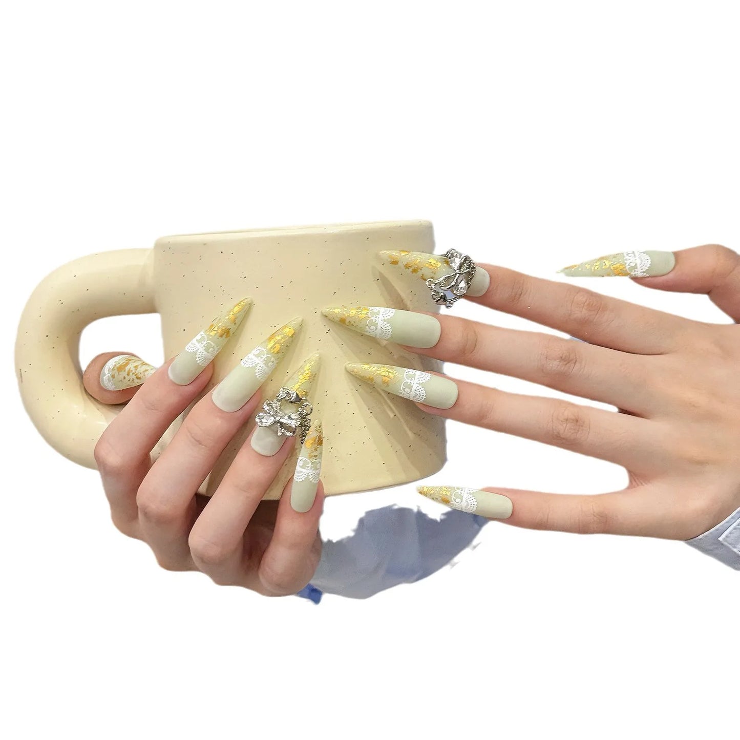 Uñas postizas adhesivas de primera calidad con diseño de gota de agua larga amarilla y diamantes de imitación extraíbles para salón de arte.