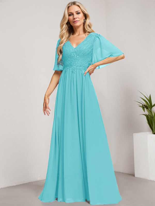 A-Linie V-Ausschnitt Bodenlanges Spitzen-Chiffon-Kleid für die Brautmutter mit Pailletten