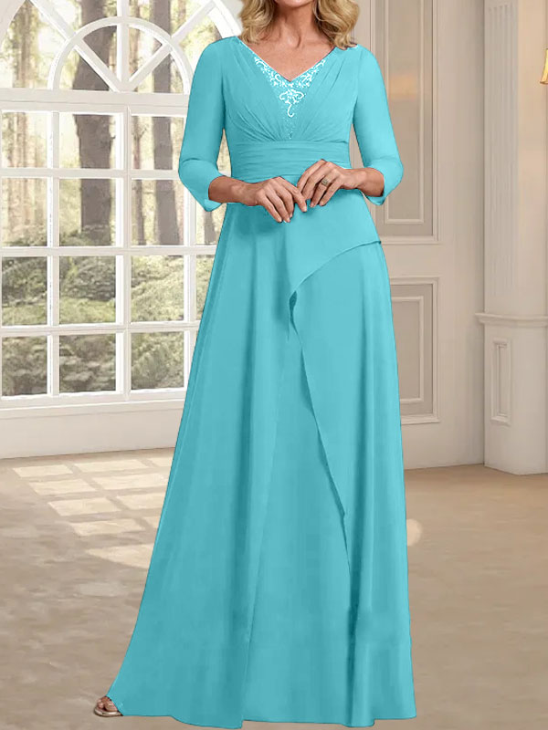 A-Linie, V-Ausschnitt, bodenlanges Chiffonkleid für die Brautmutter mit plissierter Perlenstickerei