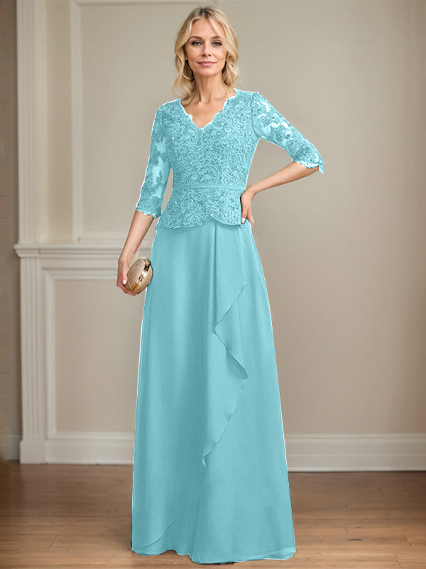 A-Linie, V-Ausschnitt, bodenlanges Chiffon-Kleid für die Brautmutter mit kaskadierenden Rüschen und Pailletten