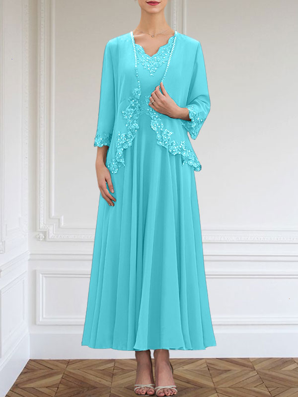 A-Linie V-Ausschnitt Knöchellang Chiffon Kleid für die Brautmutter mit Pailletten Applikationen Spitze Perlen