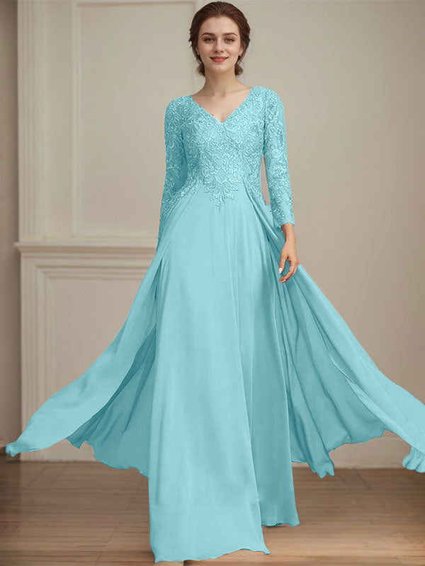 A-Linie V-Ausschnitt Bodenlanges Spitzen-Chiffon-Kleid für die Brautmutter mit Pailletten