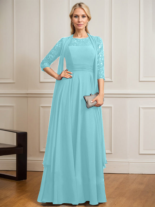 Vestido de gasa de encaje con ilusión de corte A hasta el suelo para madre de la novia con pliegues