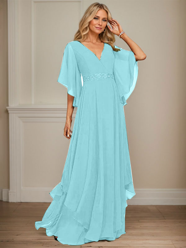 A-Linie V-Ausschnitt Bodenlang Chiffon Kleid für die Brautmutter mit Pailletten Applikationen Spitze Perlen