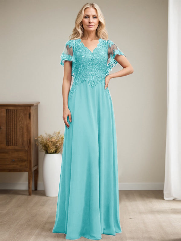 A-Linie V-Ausschnitt Bodenlanges Spitzen-Chiffon-Kleid für die Brautmutter mit Pailletten