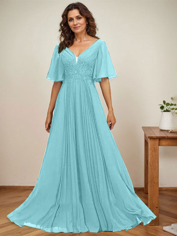 A-Linie V-Ausschnitt Bodenlang Chiffon Mutter der Braut Kleid Mit Pailletten Applikationen Spitze Plissee