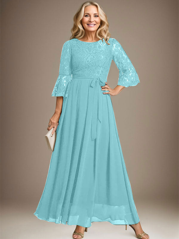 Vestido de gasa con encaje y lazo para madre de la novia, corte A, escote redondo hasta los tobillos