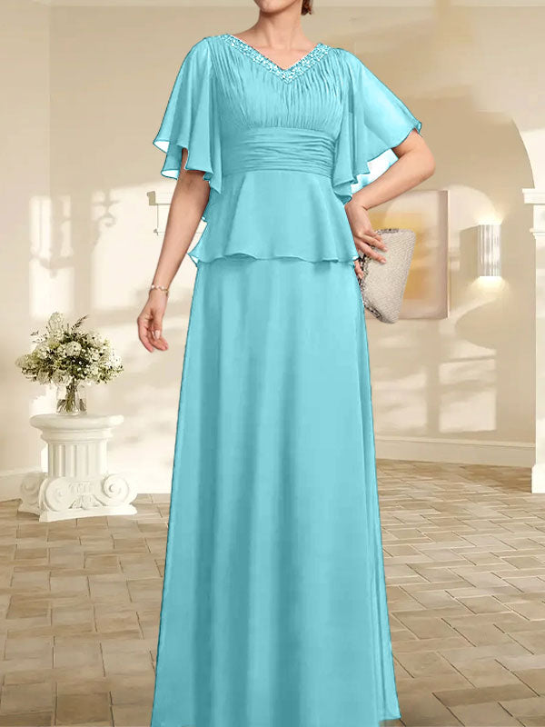 A-Linie, V-Ausschnitt, bodenlanges Chiffonkleid für die Brautmutter mit plissierter Perlenstickerei