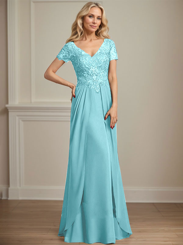 A-Linie V-Ausschnitt Bodenlanges Chiffon-Spitzenkleid für die Brautmutter