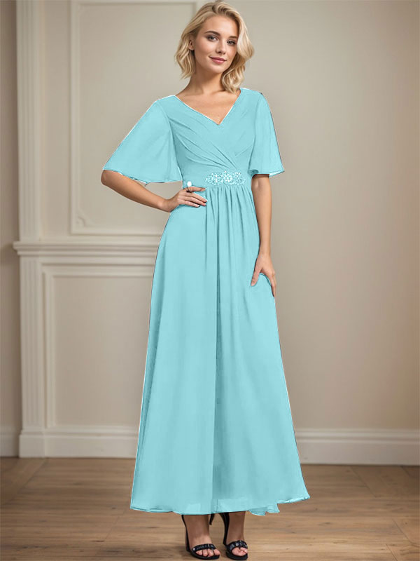 A-Linien-Kleid aus Chiffon mit V-Ausschnitt und Knöchellänge für die Brautmutter mit plissierten Perlen und Pailletten
