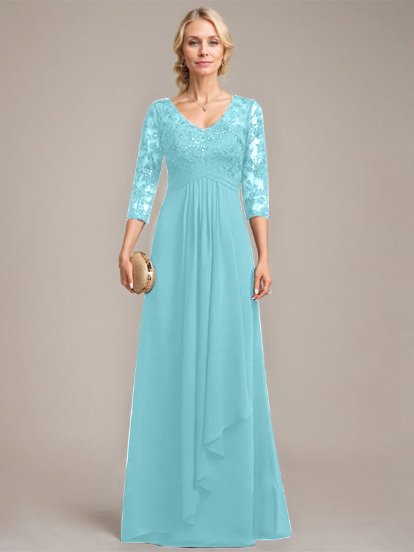 A-Linie, V-Ausschnitt, bodenlanges Chiffon-Kleid für die Brautmutter mit kaskadierenden Rüschen und Pailletten
