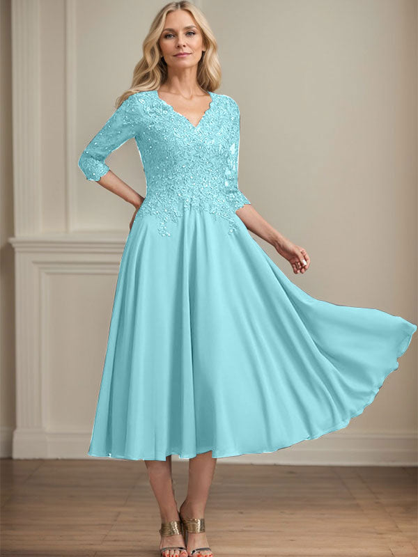 A-Linie, V-Ausschnitt, knielang, Chiffon, Spitze, Kleid für die Brautmutter mit Perlen und Pailletten