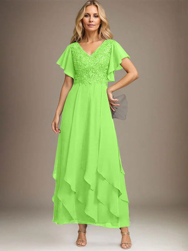 A-Linien-Kleid mit V-Ausschnitt, knöchellang, Spitzenchiffon und kaskadierenden Rüschen