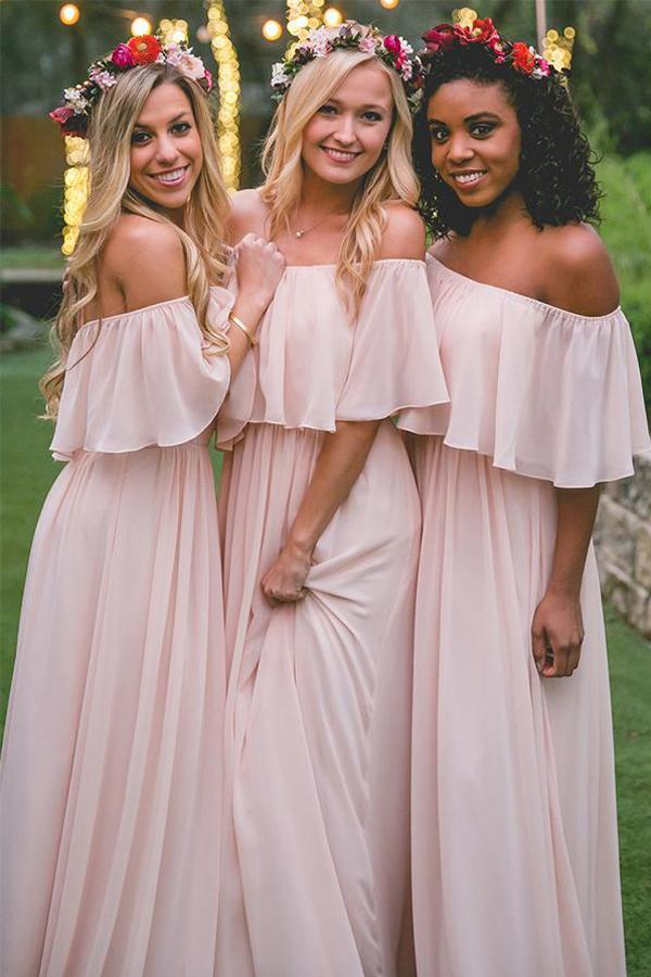 Pink Ruffles Chiffon Off-the-shoulder Floor-length Bridesmaid Dresses