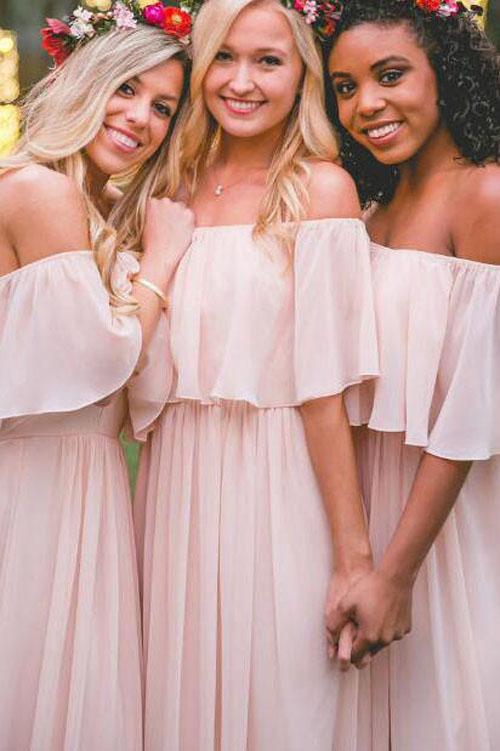 Pink Ruffles Chiffon Off-the-shoulder Floor-length Bridesmaid Dresses