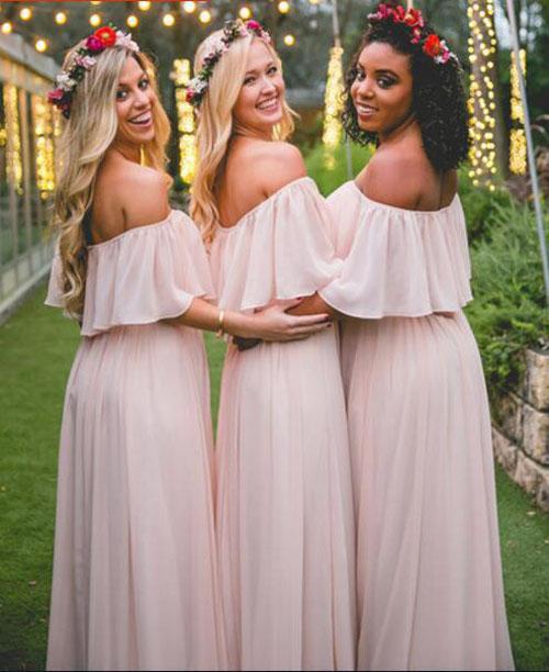 Pink Ruffles Chiffon Off-the-shoulder Floor-length Bridesmaid Dresses