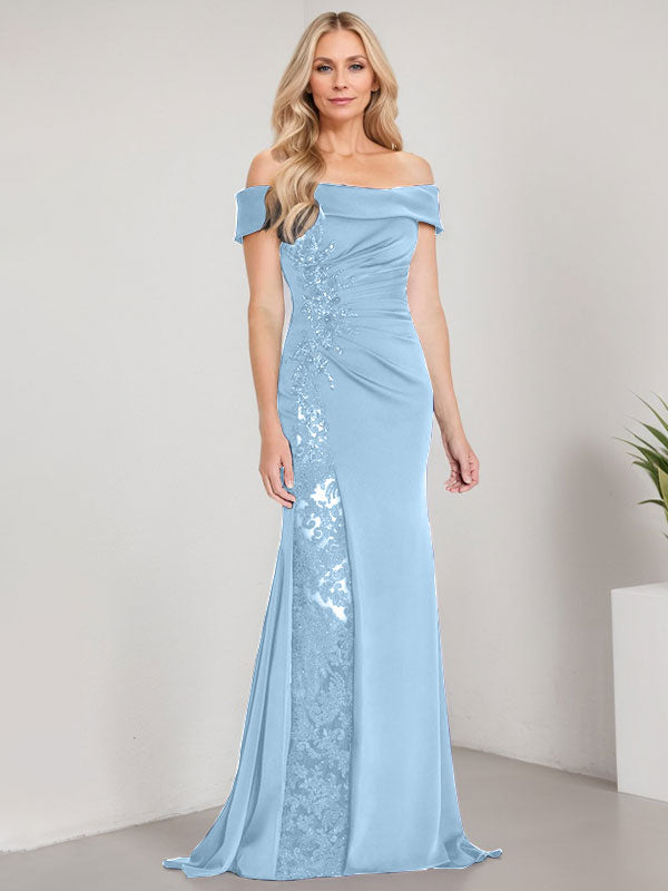 Vestido de sirena con hombros descubiertos, largo hasta el suelo, para madre de la novia, con apliques y cuentas, y abertura alta