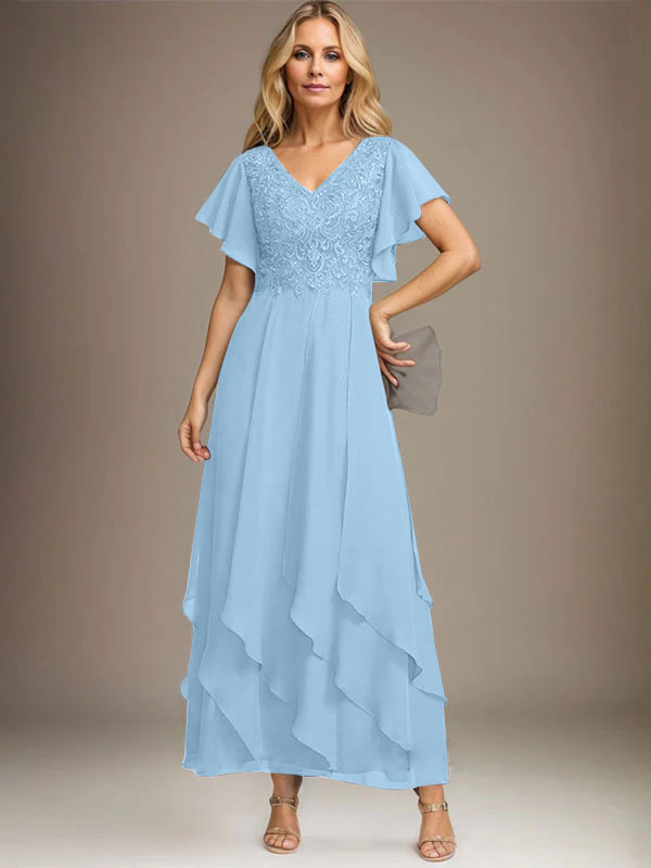 A-Linien-Kleid mit V-Ausschnitt, knöchellang, Spitzenchiffon und kaskadierenden Rüschen